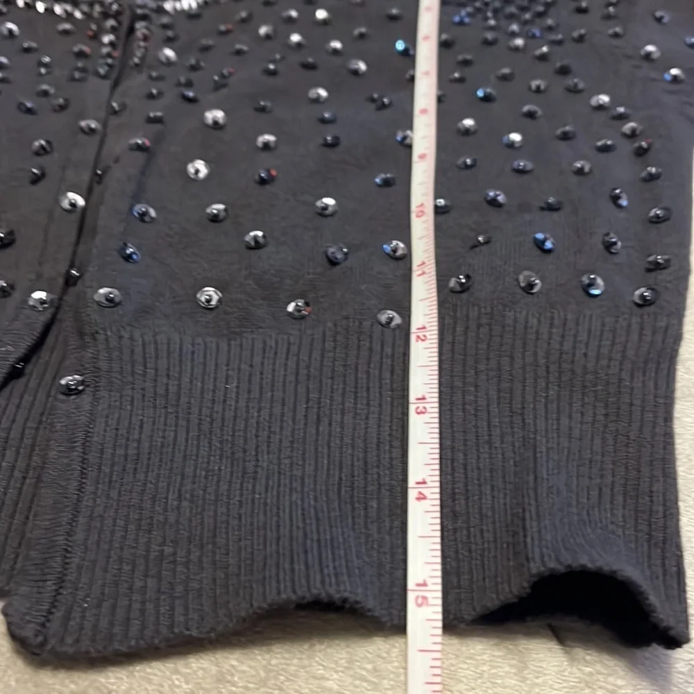 Charcoal gray soft short cardigan sweater with sequins and beads, small